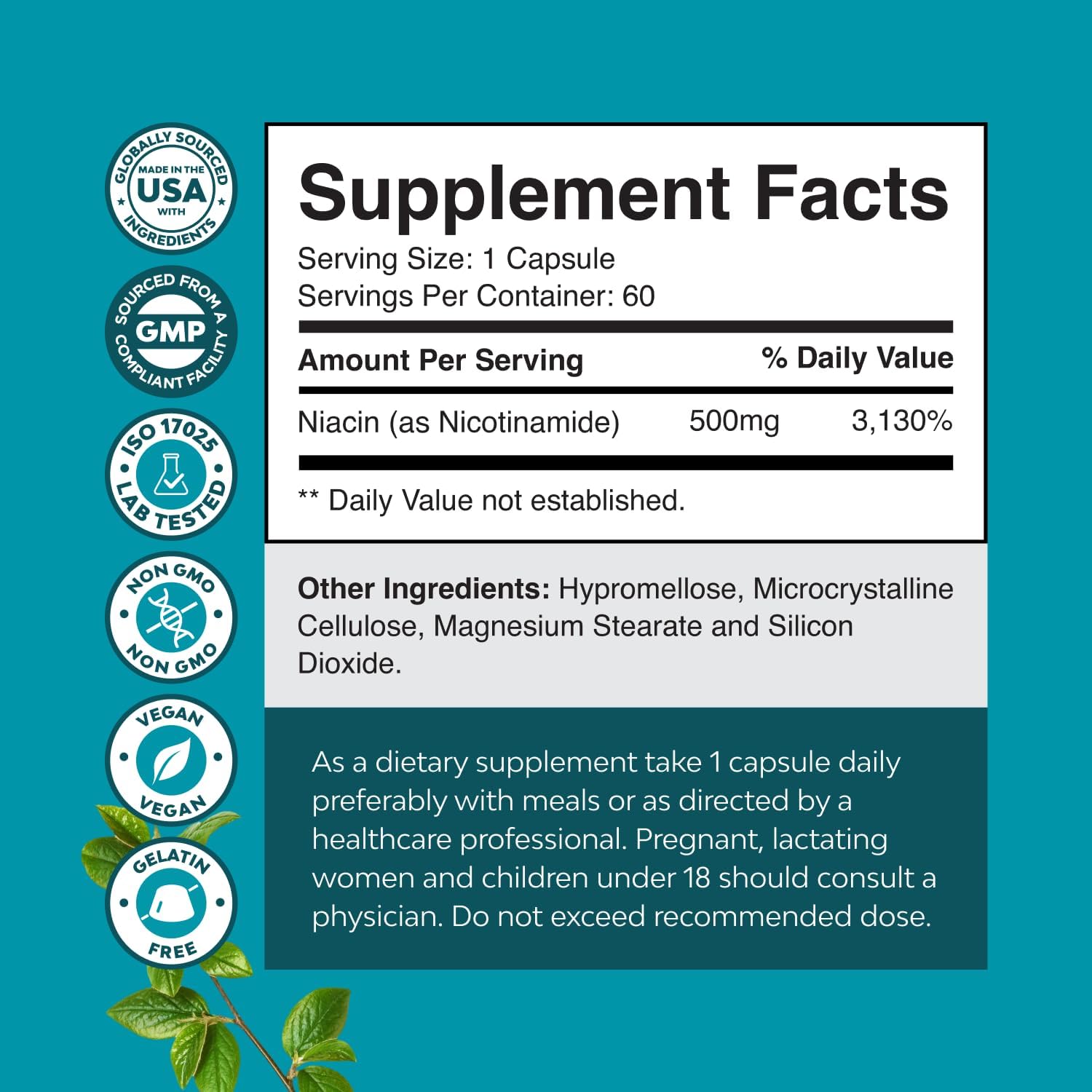 Vitamina B3 Niacinamida 500 mg Cápsulas - Sin Enrojecimiento - 60 Cápsulas