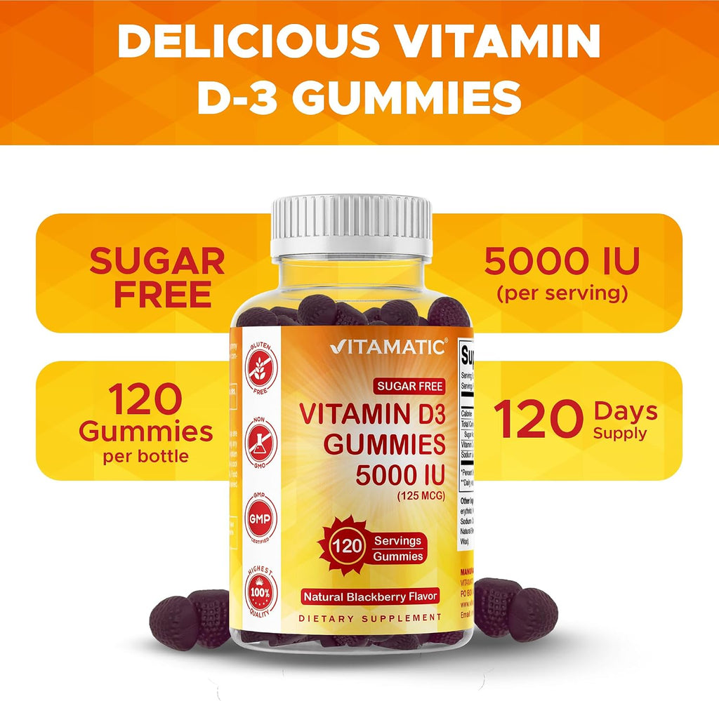 Vitamatic Vitamina D3 5000 UI sin Azúcar - 120 Gominolas - Sabor Mora - Huesos, Estado de Ánimo y Sistema Inmunitario