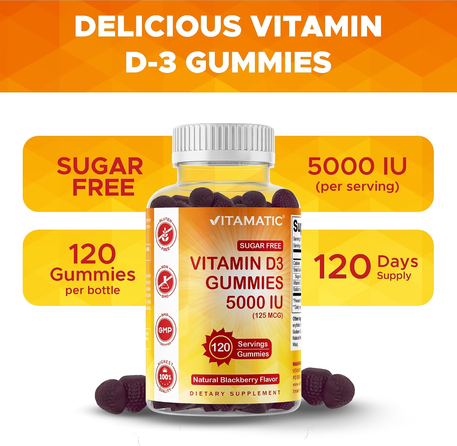 Vitamatic Vitamina D3 5000 UI sin Azúcar - 120 Gominolas - Sabor Mora - Huesos, Estado de Ánimo y Sistema Inmunitario
