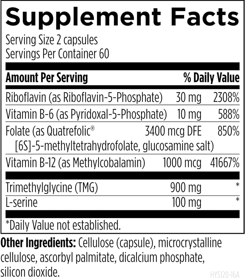 Designs for Health Homocysteine Supreme - Complejo de Vitaminas B Metilado con Riboflavina, B6, B12, Folato, L-Serina y TMG (120 Cápsulas)