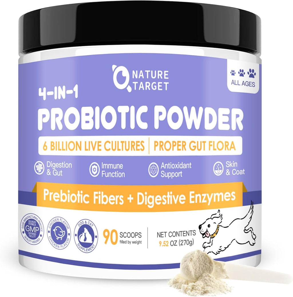 NATURE TARGET Probióticos para Perros - Polvo con Probióticos, Prebióticos, Enzimas Digestivas y Fibra - 6 Mil Millones de UFC - 90 Dosis