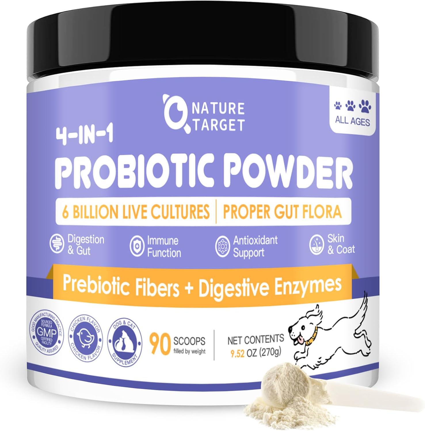 NATURE TARGET Probióticos para Perros - Polvo con Probióticos, Prebióticos, Enzimas Digestivas y Fibra - 6 Mil Millones de UFC - 90 Dosis