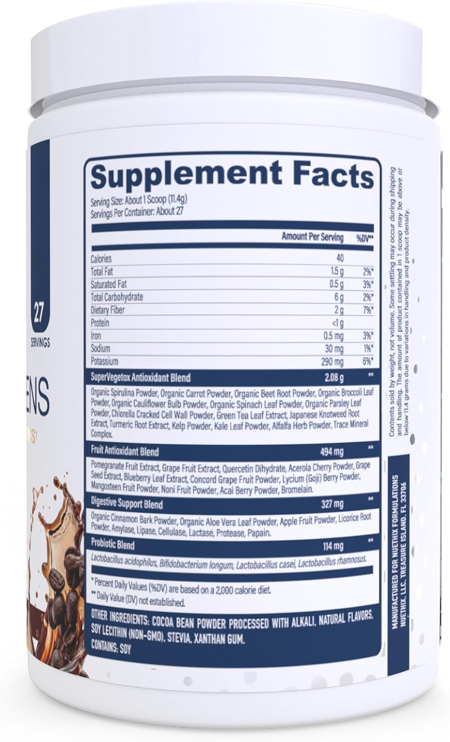 NuEthix Formulations Gourmet Greens Drink Powder - Superfoods y Probióticos - Sabor Espresso - 27 Servicios