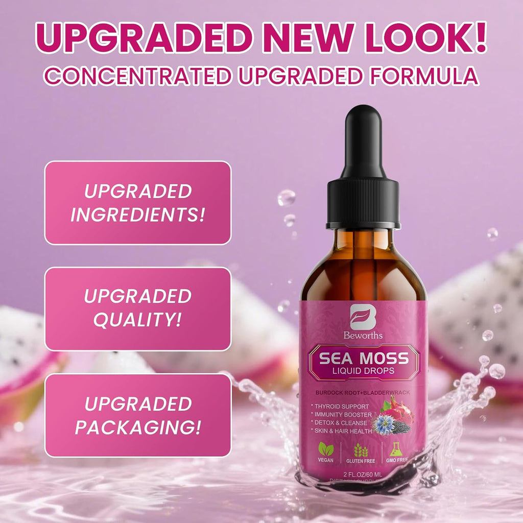 Sea Moss Liquid Drops - Aceite de Semilla Negra y Musgo Irlandés con Bardana, Vejiga de Mar, Saúco, Espirulina - 118 ml - Vegano