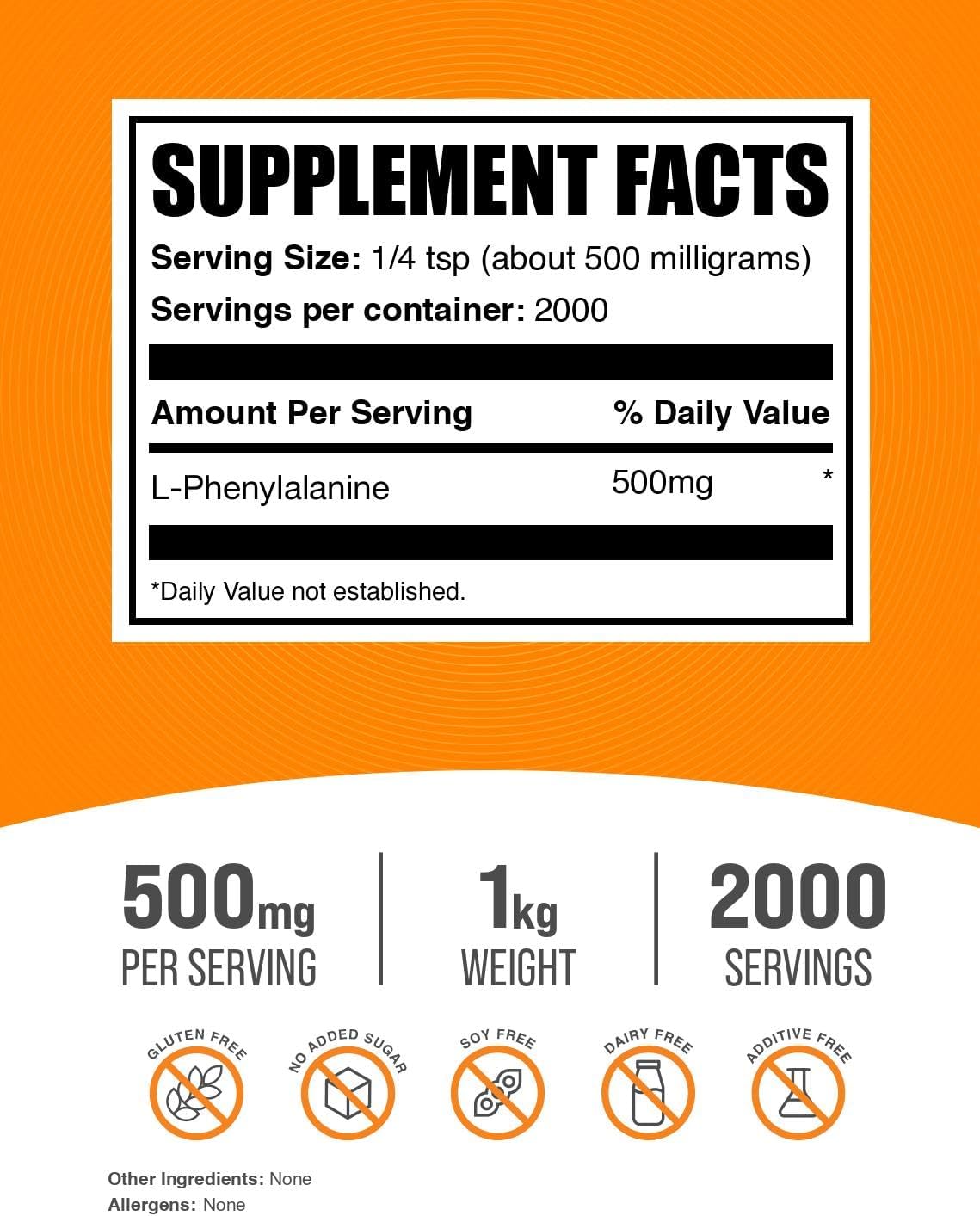L-Fenilalanina en Polvo - Suplemento de Aminoácidos, 500 mg por Porción, 1 kg (2.2 lbs)