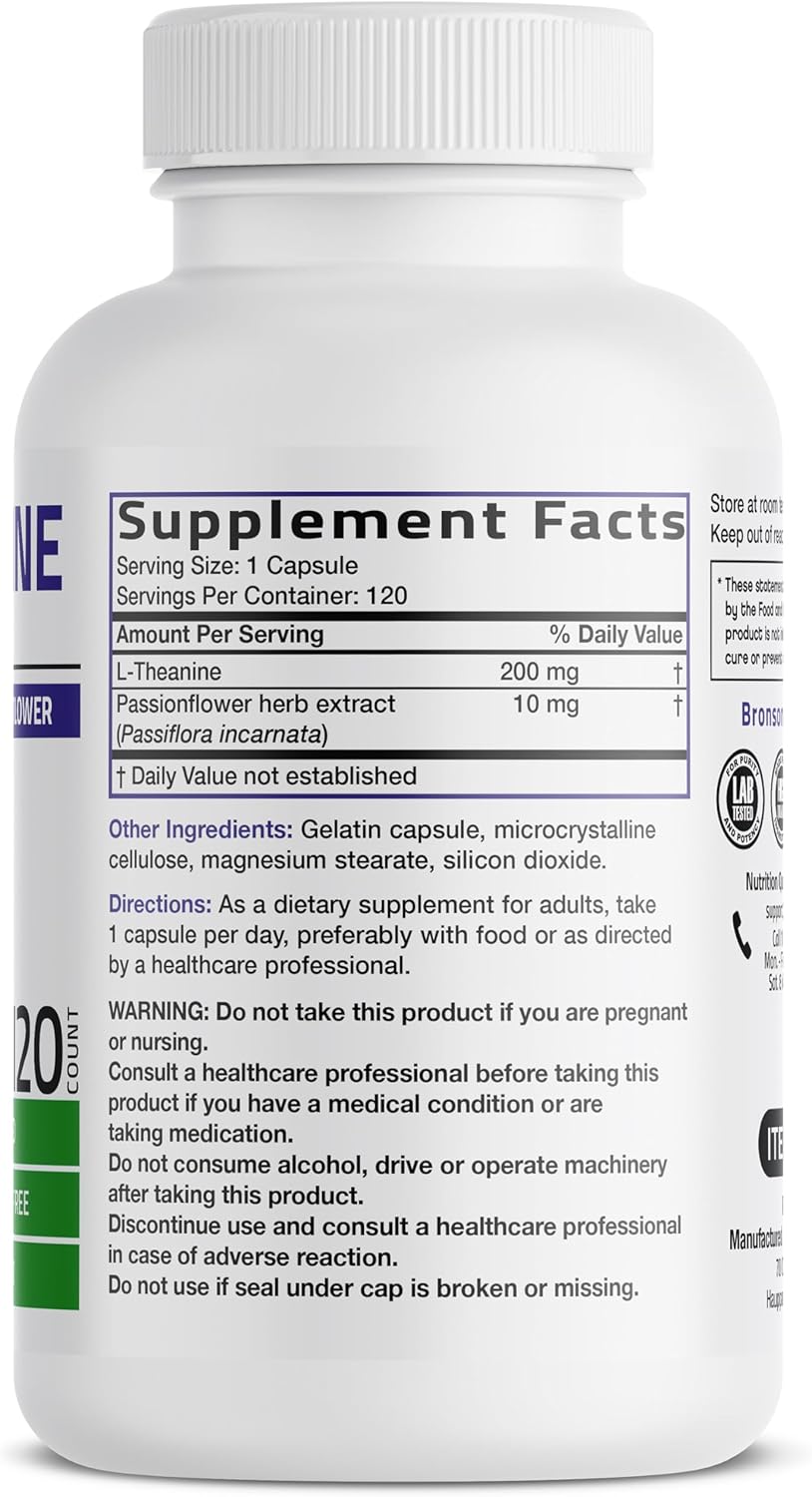 Bronson L-Teanina 200mg (Doble Concentración) con Passiflora - 120 Cápsulas