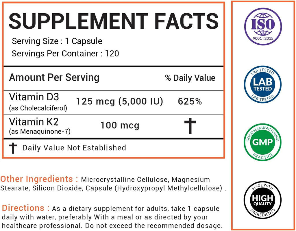 American Choice Vitamina D3 5000 UI + K2 (MK-7) 100 mcg – 120 Cápsulas