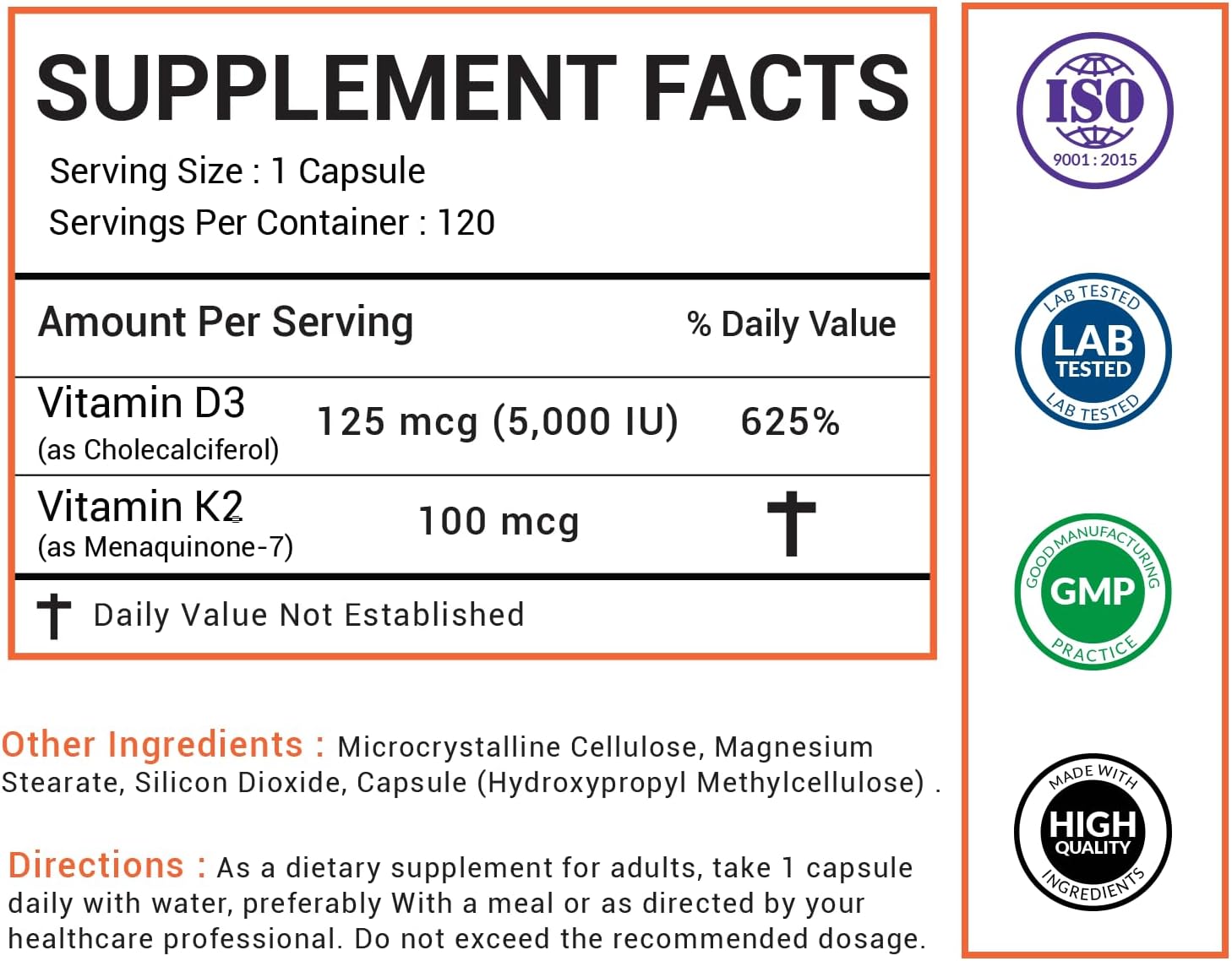 American Choice Vitamina D3 5000 UI + K2 (MK-7) 100 mcg – 120 Cápsulas