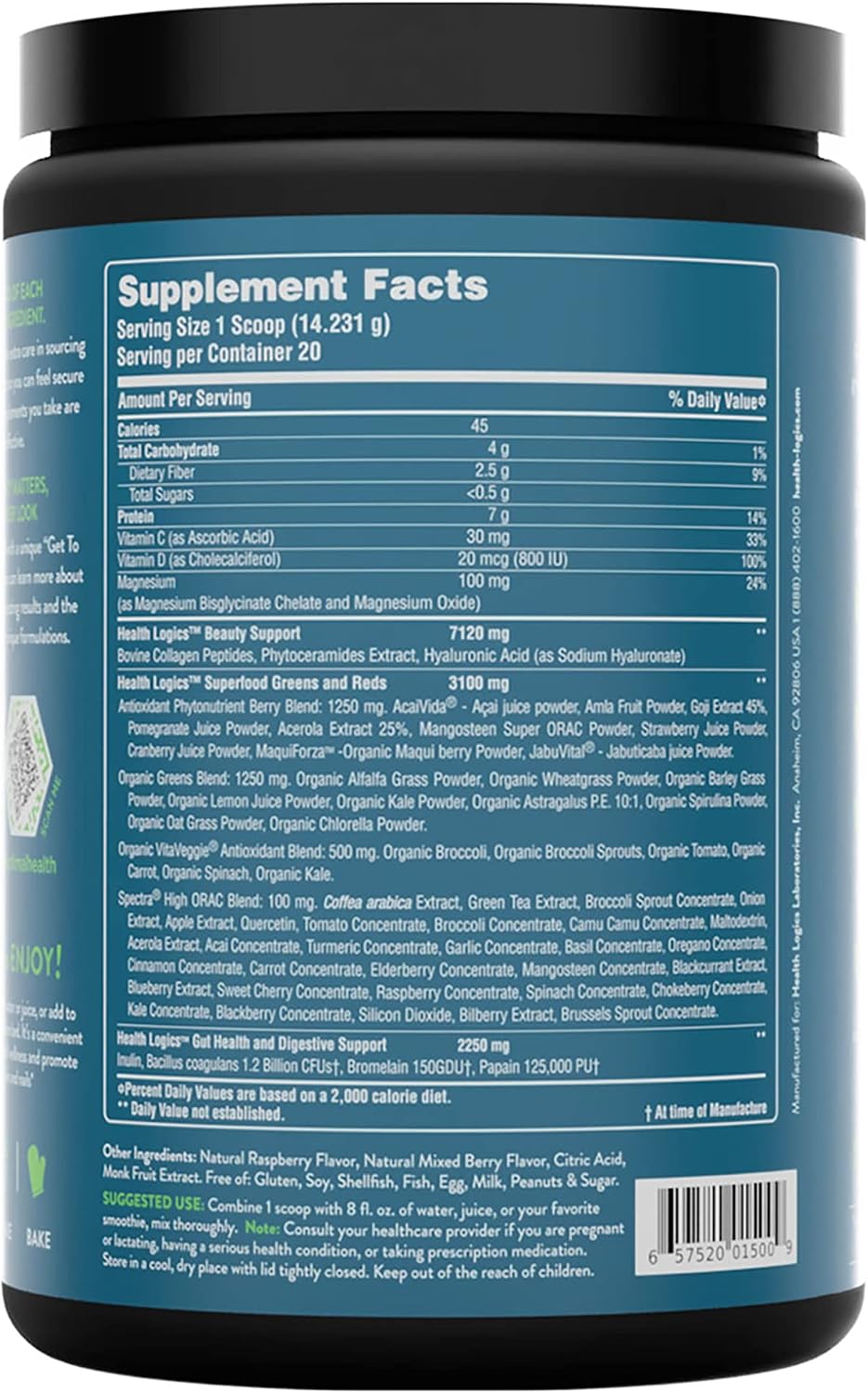 Health Logics Glowing Greens Superfood Powder with Collagen Peptides – Berry Blast