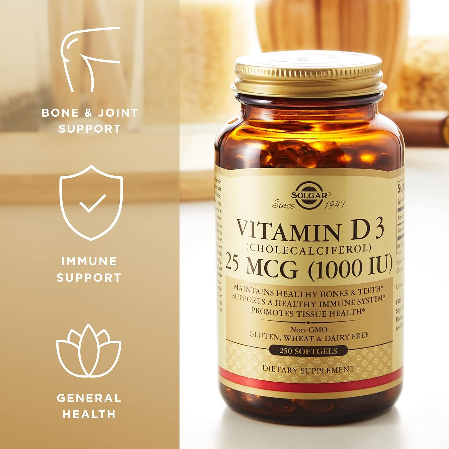 Solgar - Vitamina D3 (Colecalciferol) 1.000 UI Cápsulas Blandas, 250 Unidades