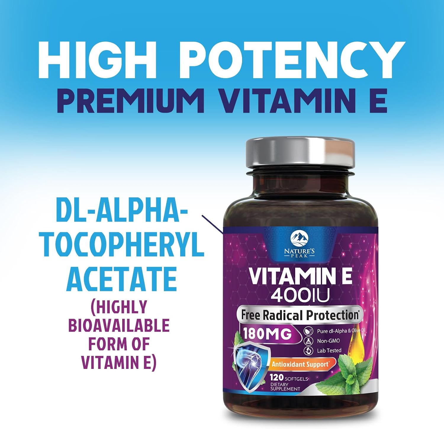 Vitamina E (DL-alfa-tocoferol) 180 mg por dosis - Cápsulas blandas - Apoyo antioxidante para piel, corazón e inmunidad - 120 cápsulas