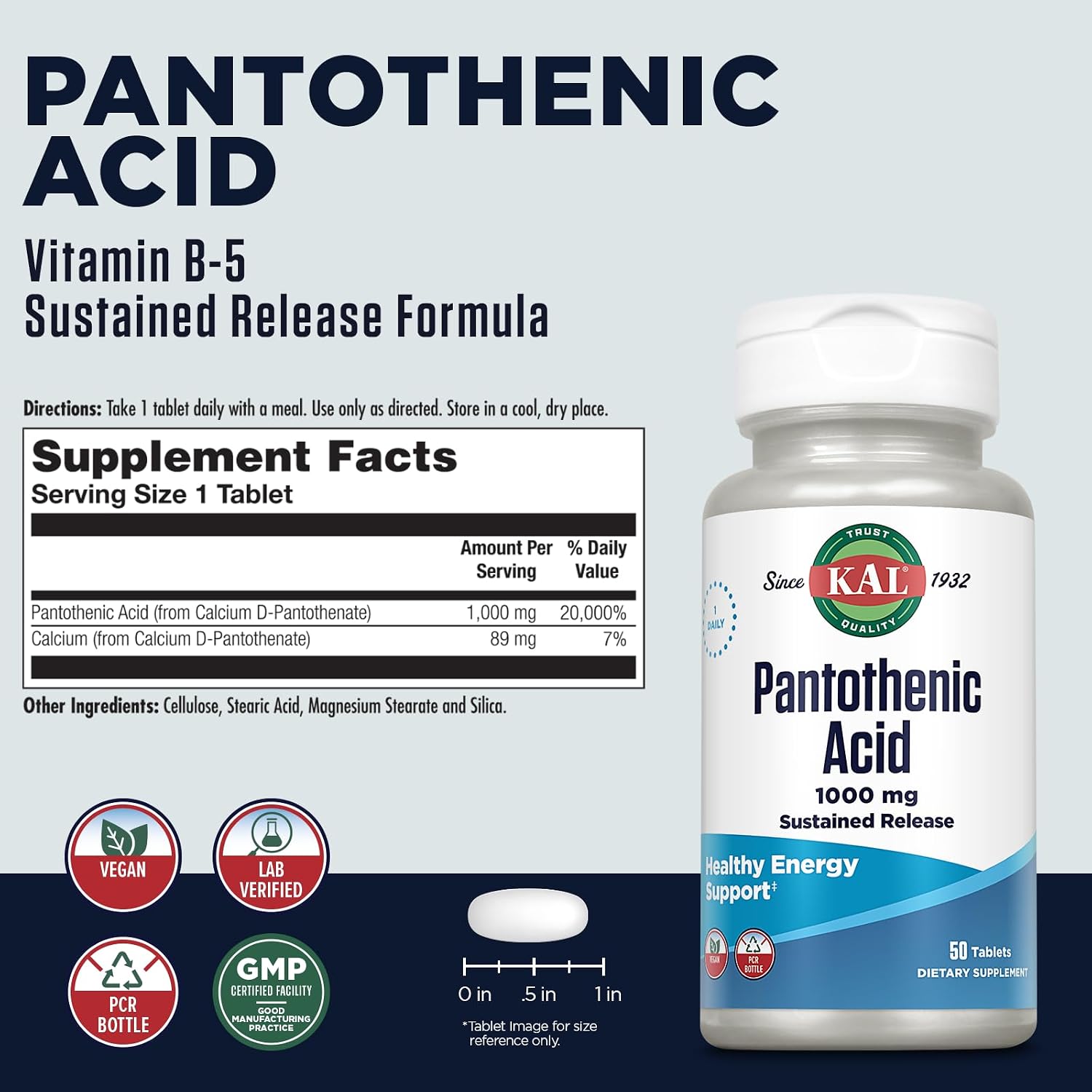 KAL Ácido Pantoténico 1000mg, Liberación Sostenida - Vitamina B5