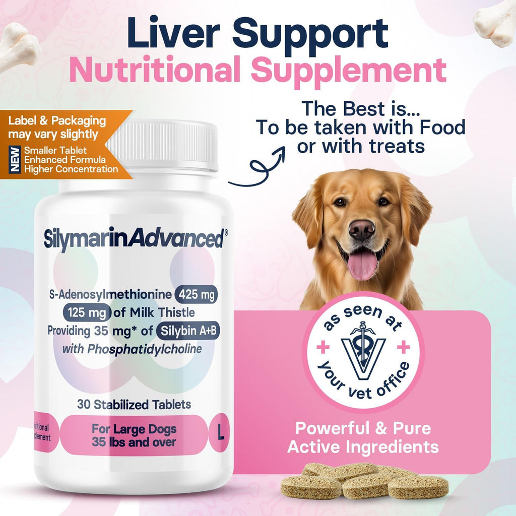 SilymarinAdvanced Suplemento Hepático para Perros Grandes - Cardo Mariano con SAMe y Silibina - 30 Comprimidos