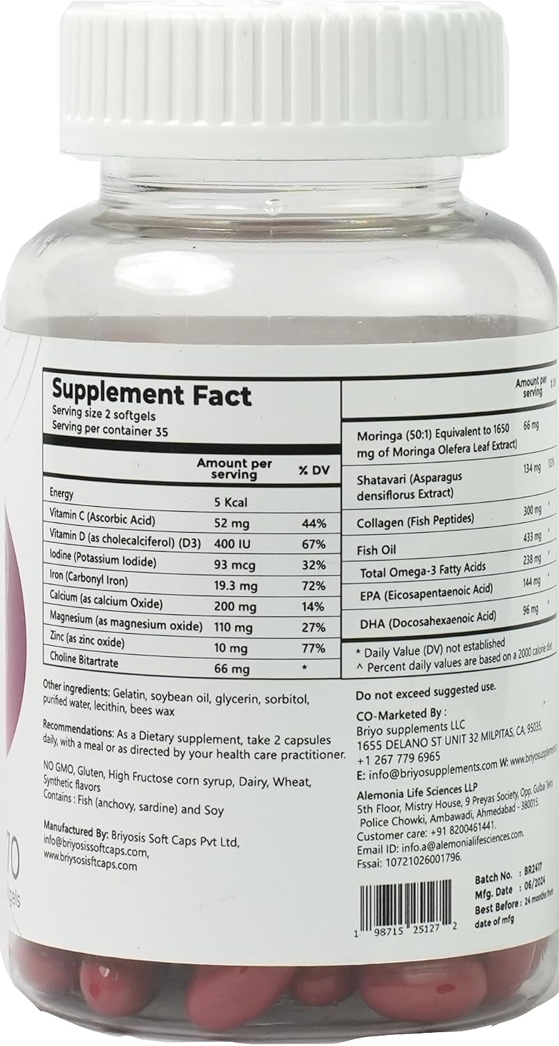 Briyo All Around Mom - Fórmula Postnatal Completa con Omega 3, Colágeno, Colina, Shatavari, Moringa, Vitaminas y Minerales - Apoya Recuperación, Energía, Lactancia y Ánimo - 60 Cápsulas Blandas