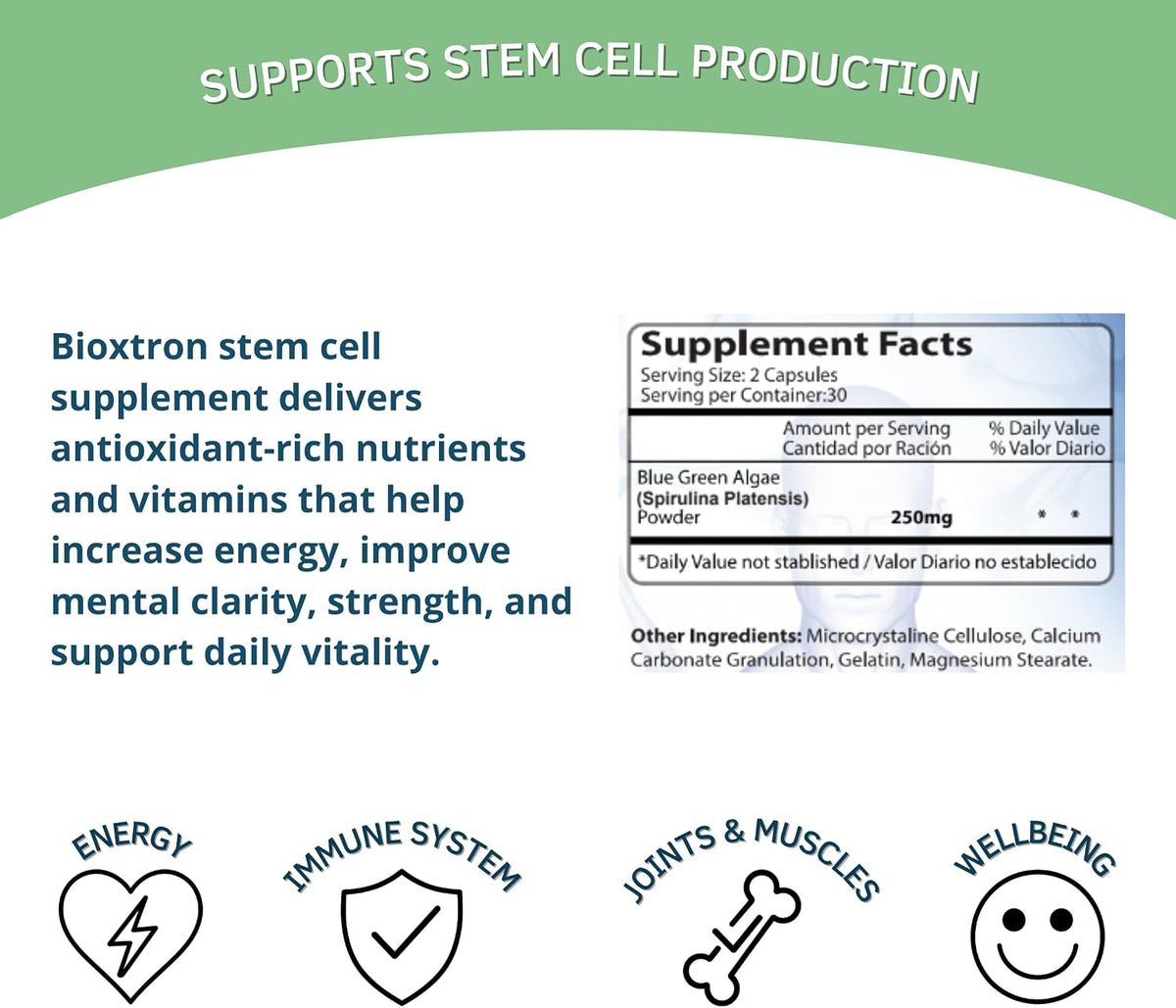 Bioxtron Natural AFA Stem Cell Supplement - Algas Azules y Spirulina - 240 Cápsulas (2x120) – Image 6