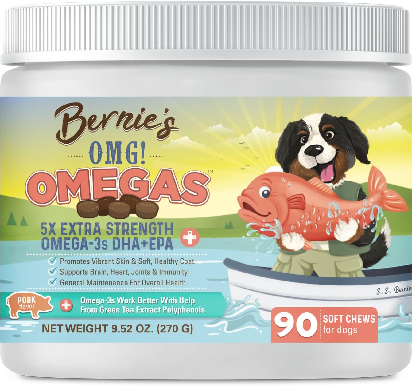 Bernie's OMG! Omega Masticables para Perros - 5X Extra Fuerza DHA+EPA, Aceite de Pescado, Piel y Pelaje Saludables, Alivio de Alergias, Suplemento Articular (Sabor Salmón)