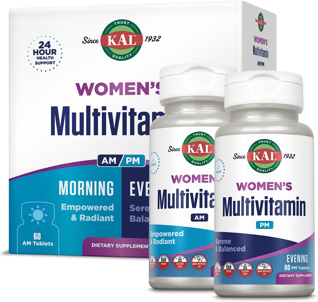 KAL Women's Multivitamin AM/PM, 2 en 1, con Ashwagandha, Silicio, Espirulina Orgánica y GABA, 120 Comprimidos