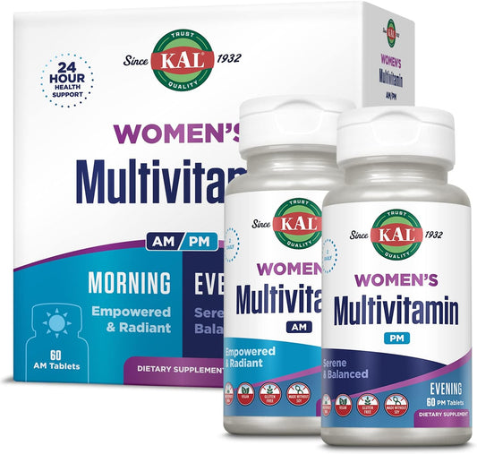 KAL Women's Multivitamin AM/PM, 2 en 1, con Ashwagandha, Silicio, Espirulina Orgánica y GABA, 120 Comprimidos
