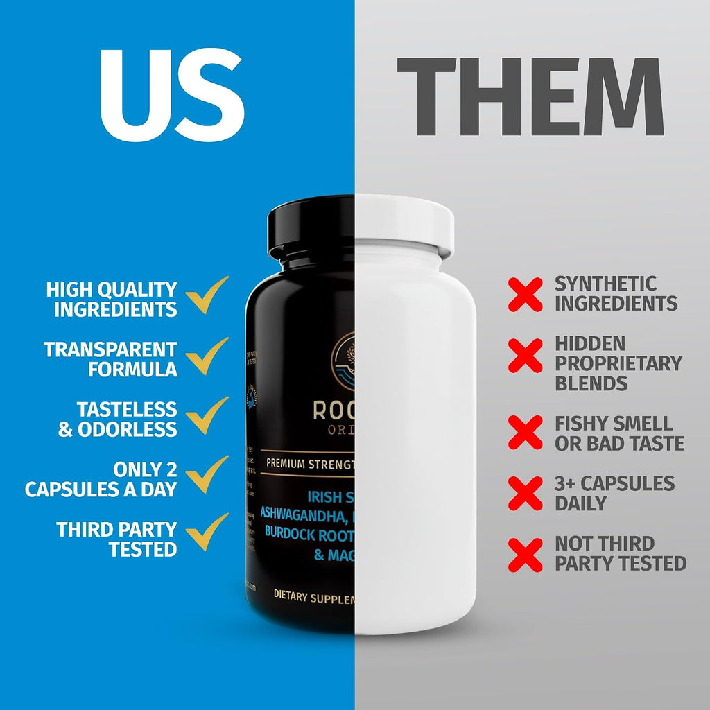 Rooted Origins Cápsulas de Sea Moss – Irish Sea Moss Avanzado, Magnesio, Ashwagandha, Aceite de Semilla Negra, Raíz de Bardana y Bladderwrack – Apoyo Inmune, Salud Digestiva, Energía y Más – 60 Cápsulas