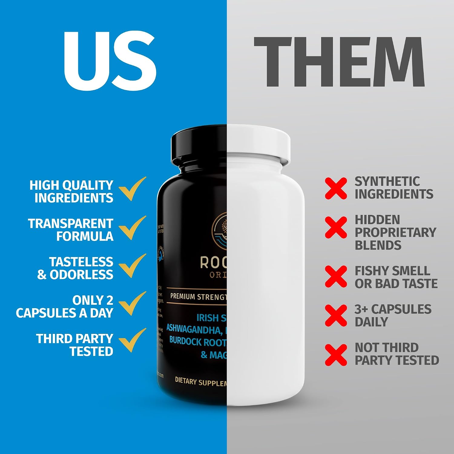 Rooted Origins Cápsulas de Sea Moss – Irish Sea Moss Avanzado, Magnesio, Ashwagandha, Aceite de Semilla Negra, Raíz de Bardana y Bladderwrack – Apoyo Inmune, Salud Digestiva, Energía y Más – 60 Cápsulas