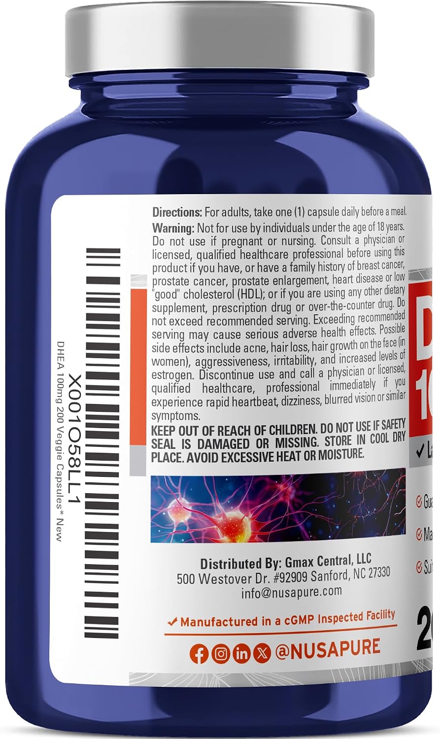 NusaPure DHEA 100mg 200 Cápsulas Vegetales (Vegetariano, No OGM)