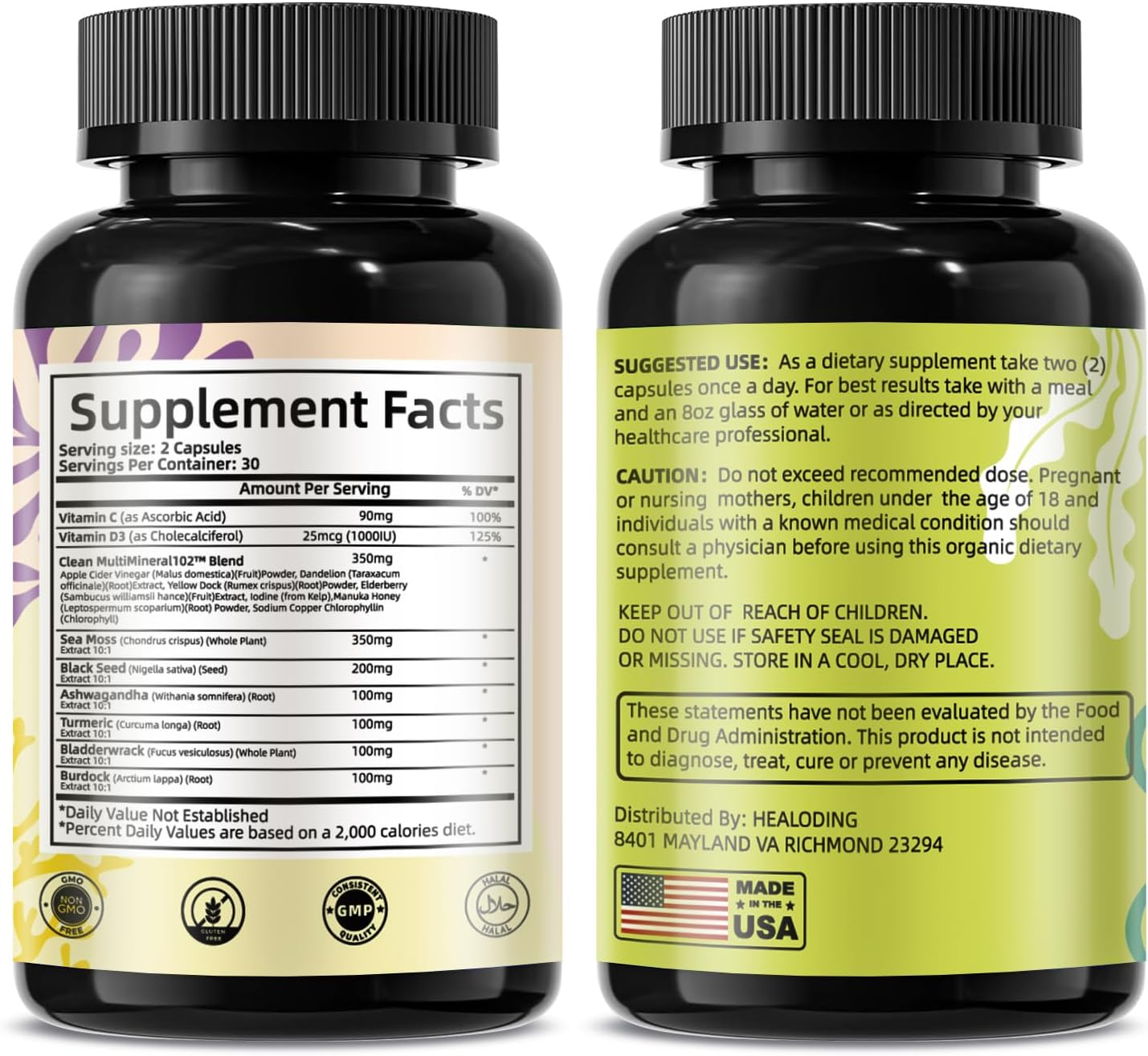 HEALOADING Cápsulas de Musgo Marino Silvestre y Vejiga de Mar - 350mg - Vegano, No OGM
