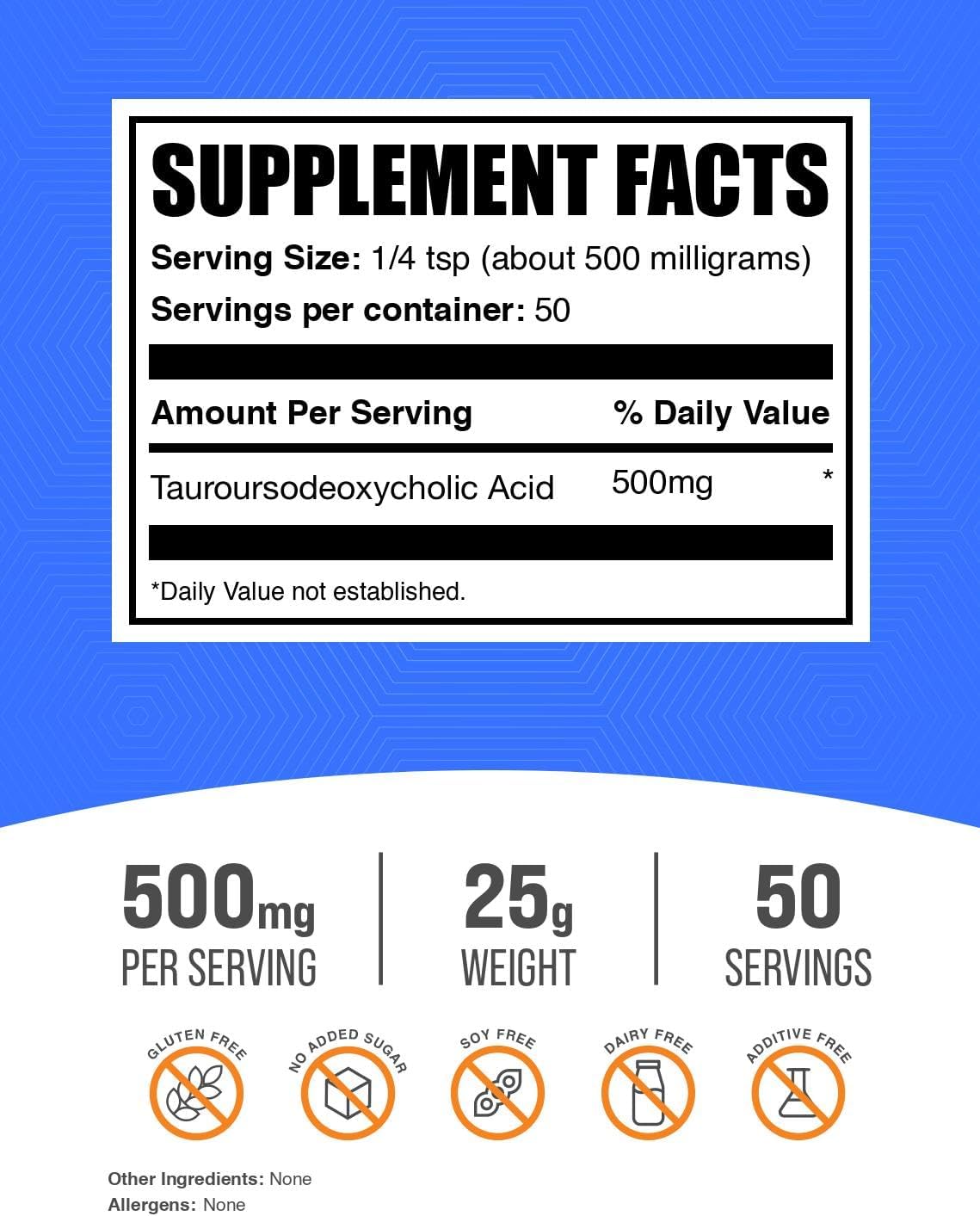 BulkSupplements.com TUDCA en Polvo - Ácido Tauroursodesoxicólico, 500 mg por ración - Suplemento para el Hígado - Sin Gluten, 25g