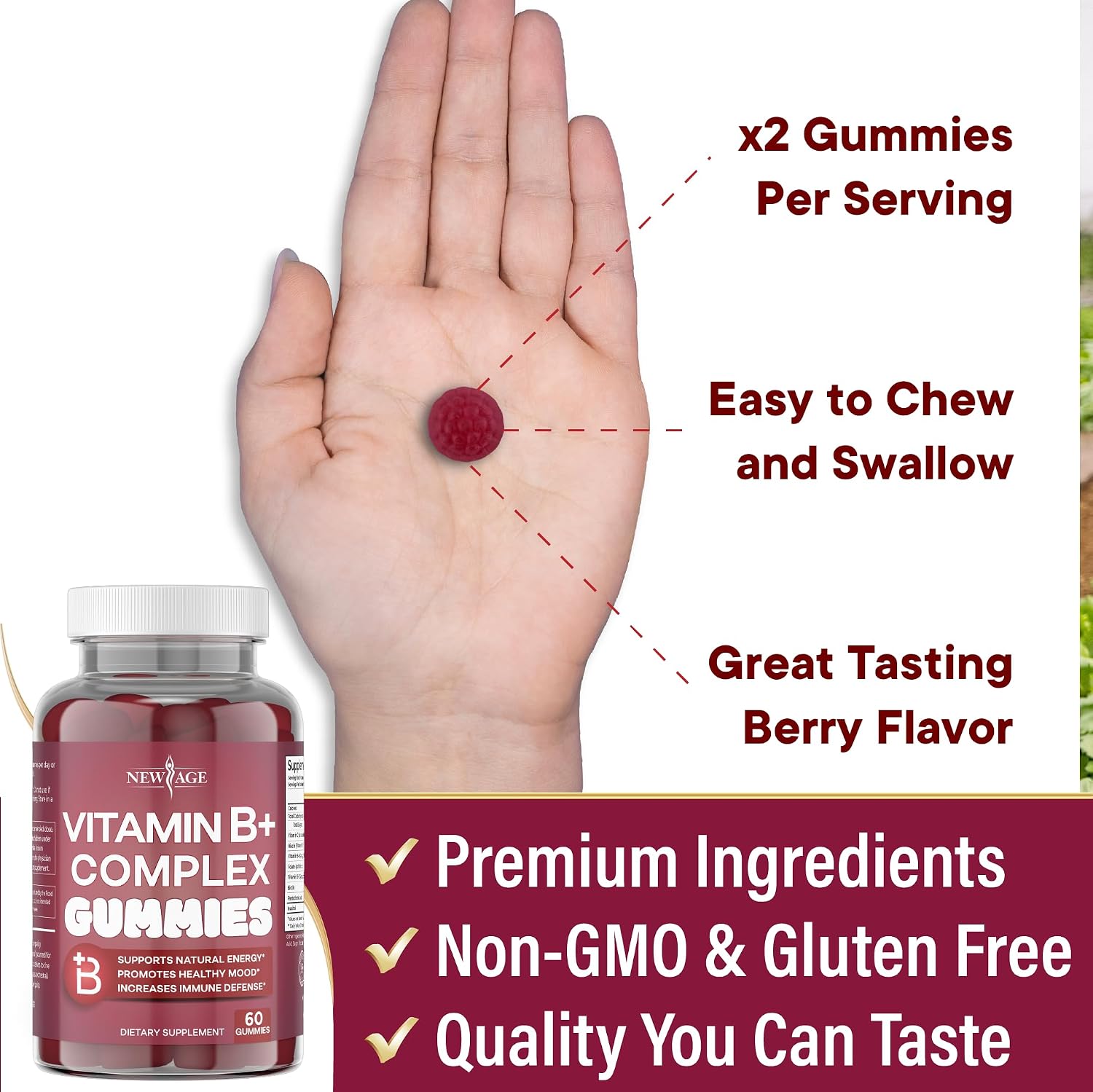 NEW AGE Complejo B Gominolas con Vitaminas B3, B6, B12, Biotina, Ácido Fólico y Vitamina C - 120 Gominolas (2 Paquetes)