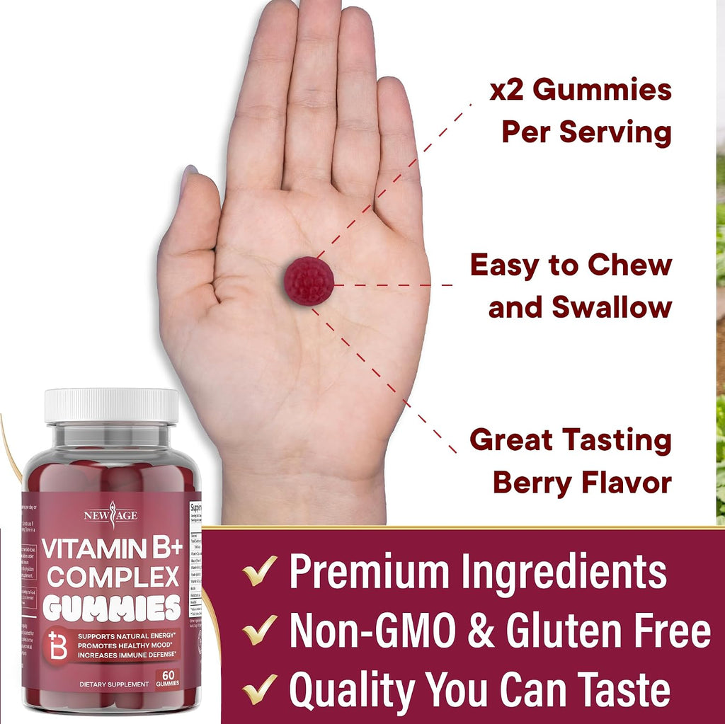 NEW AGE Gominolas de Complejo B con Vitaminas B3, B5, B6, B7, B9 y B12, Biotina, Ácido Fólico y Vitamina C – Sin Gluten, Vegano, 60 unidades