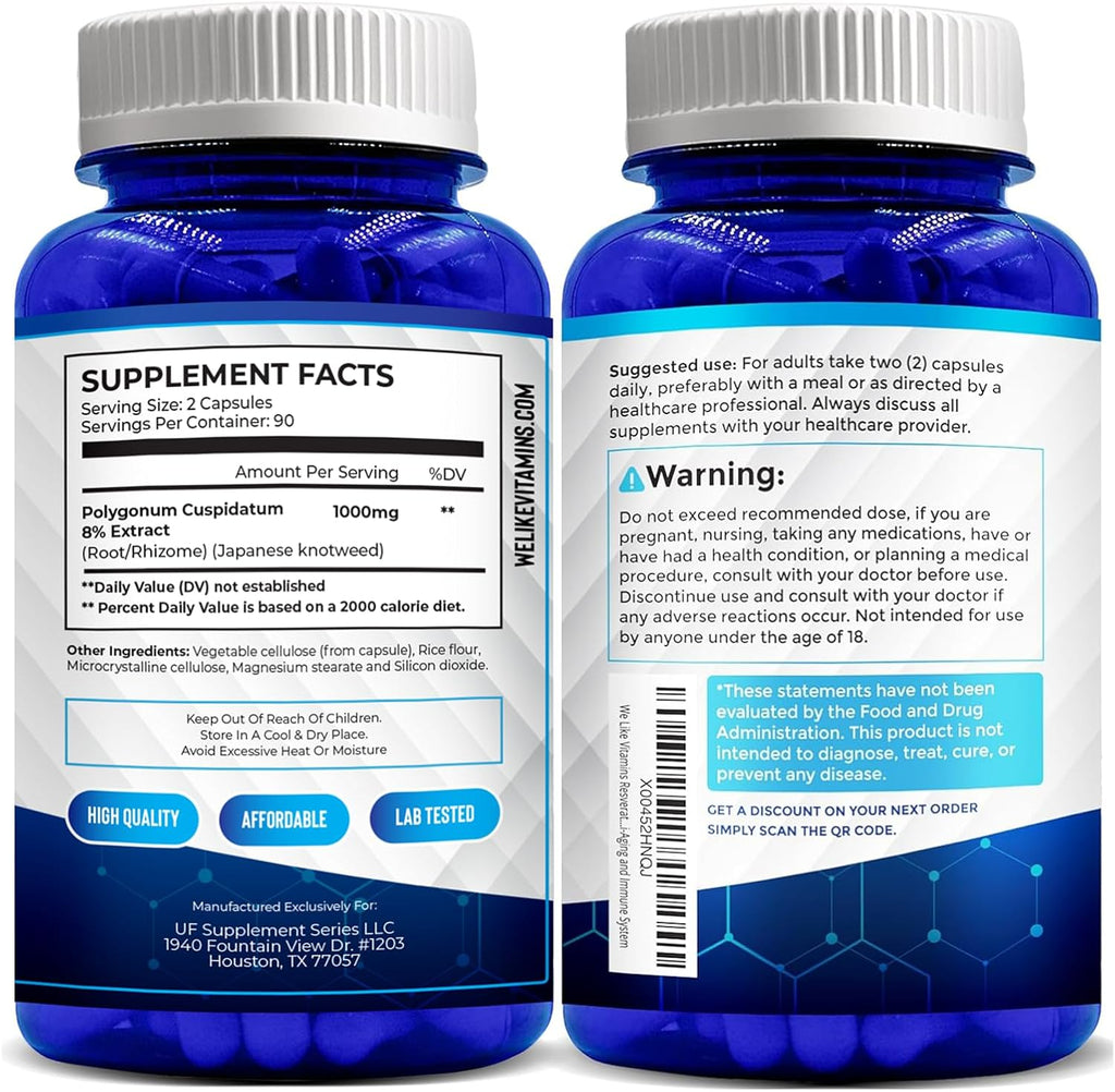 Resveratrol 1000 mg por Dosis - 180 Cápsulas Vegetales - Suplemento Antioxidante Natural