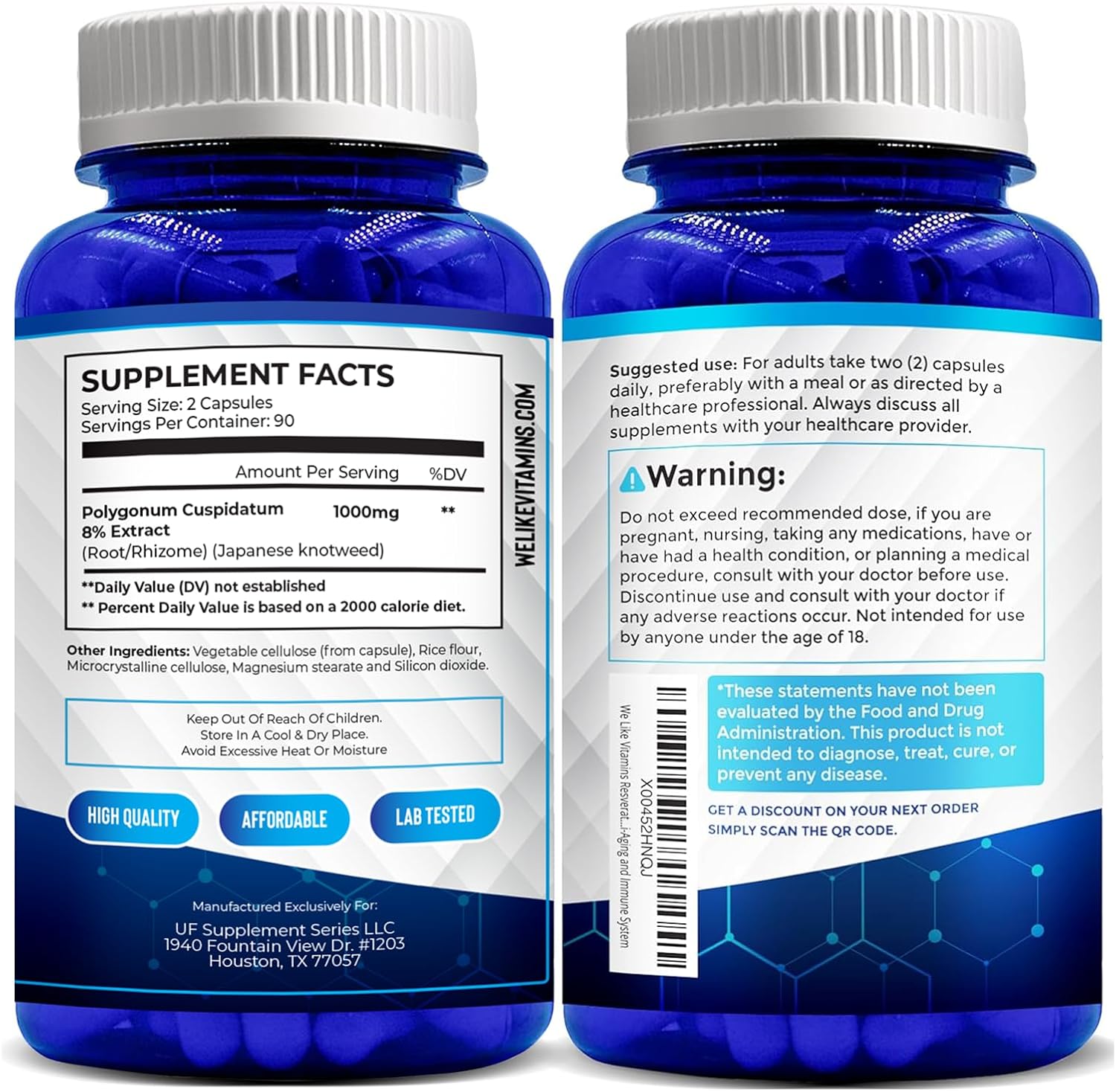 Resveratrol 1000 mg por Dosis - 180 Cápsulas Vegetales - Suplemento Antioxidante Natural