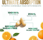 Vitamina C 1000 mg por ración Masticable - Sin Azúcar - Antioxidantes Extra - Suplemento Natural con Vitamina C y Escaramujo - Sabor Naranja - 60 Comprimidos