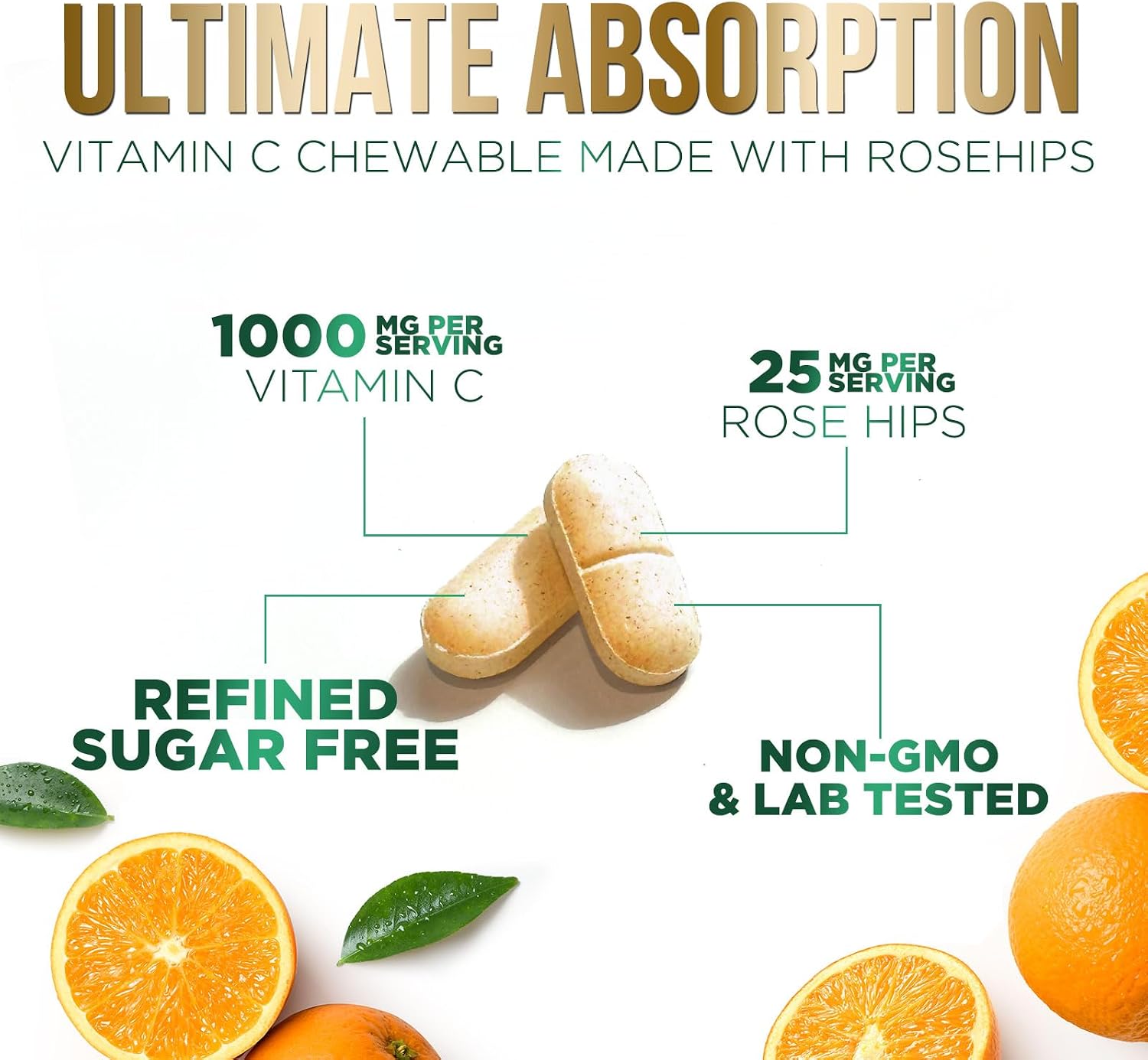 Vitamina C 1000 mg por ración Masticable - Sin Azúcar - Antioxidantes Extra - Suplemento Natural con Vitamina C y Escaramujo - Sabor Naranja - 60 Comprimidos