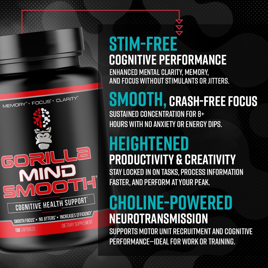 Gorilla Mind Smooth Fórmula Nootrópica Sin Estimulantes - Enfoque, Memoria, Claridad Mental - 150 Cápsulas