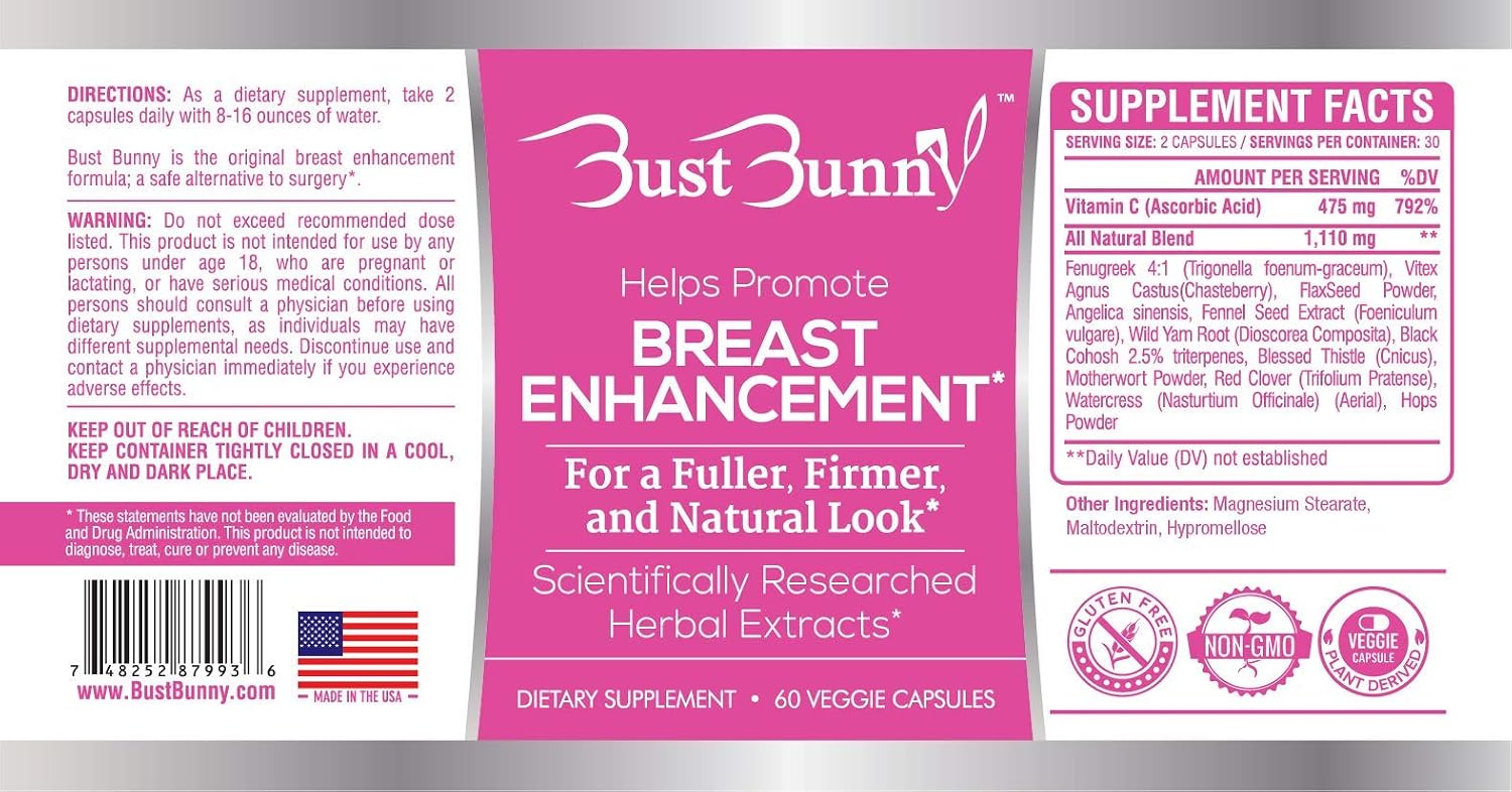 Bust Bunny - Complemento Alimenticio para el Aumento de Pecho con Vitamina C y Hierbas (12 Meses de Suministro)