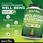 Nutrivein Multivitamínico de Alimentos Integrales para Hombres y Mujeres – 120 Cápsulas Veganas – Energía Diaria, Apoyo Inmunitario y Cardíaco – Mezcla de Frutas y Verduras + Vitaminas B