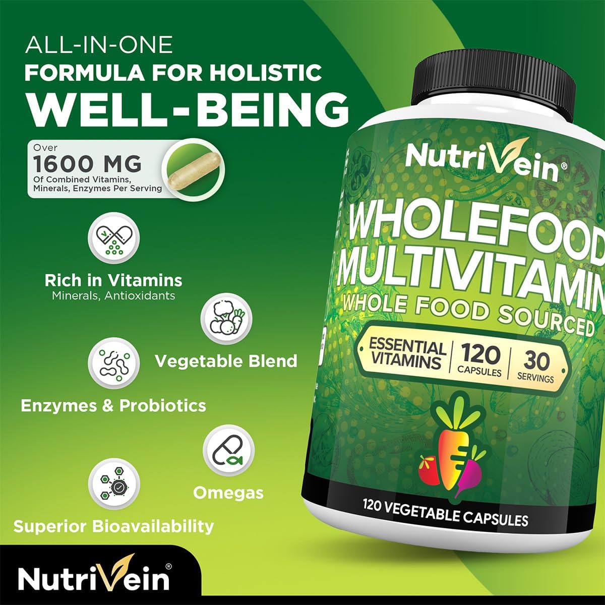 Nutrivein Multivitamínico de Alimentos Integrales para Hombres y Mujeres – 120 Cápsulas Veganas – Energía Diaria, Apoyo Inmunitario y Cardíaco – Mezcla de Frutas y Verduras + Vitaminas B