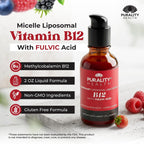 PURALITY HEALTH Liposomal Liquid Vitamin B12 with Fulvic Acid, 2500 mcg. Methylcobalamin combined with Organic Glycerine Extract for Maximum Absorption, Energy Boost, Vegan