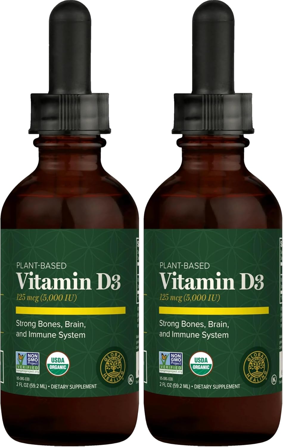 Global Healing Vitamina D3 Orgánica 5000 UI - Suplemento Vegano de Vitamina D3 - 2 fl oz