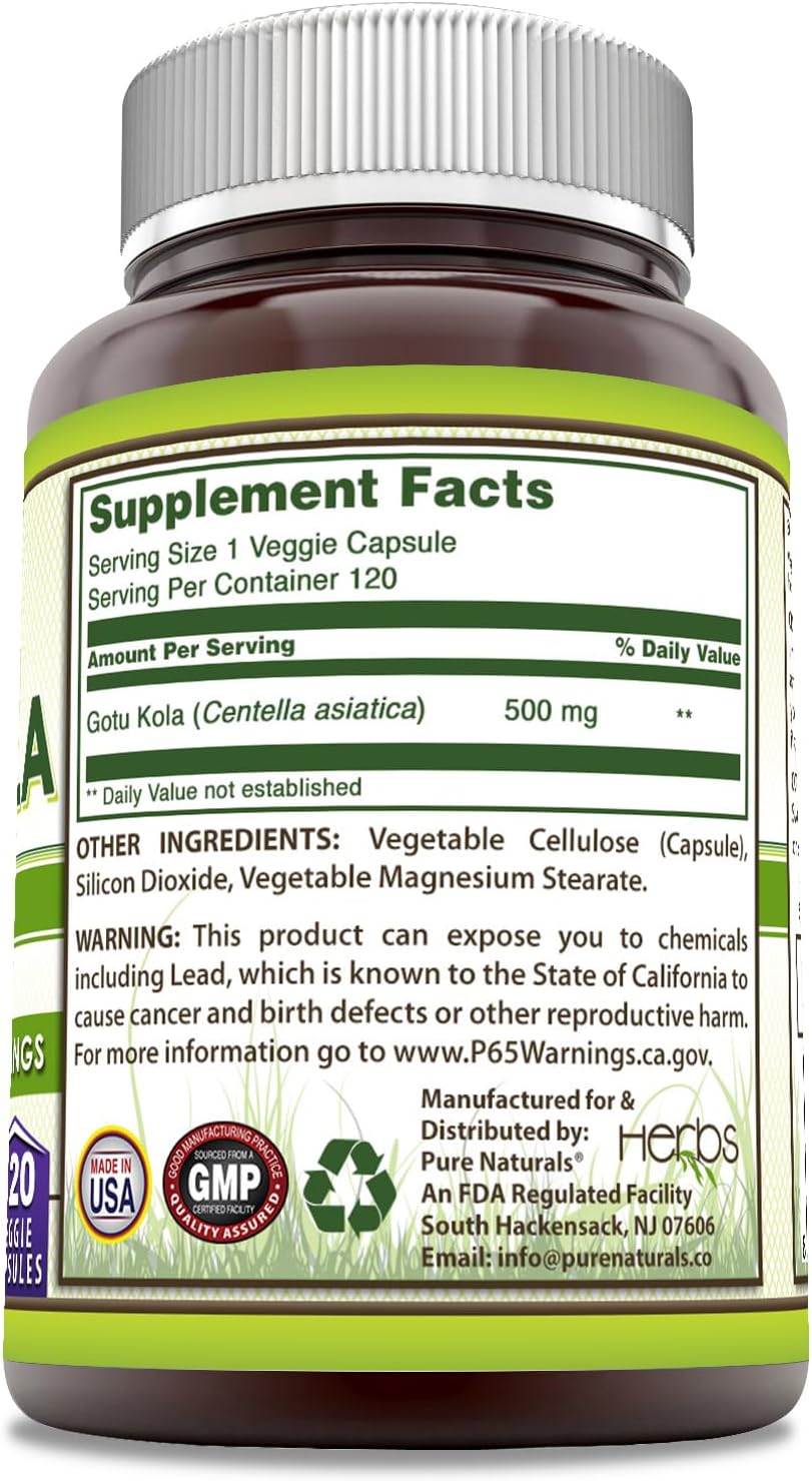 Pure Naturals Gotu Kola 500 mg - 120 Cápsulas Veganas
