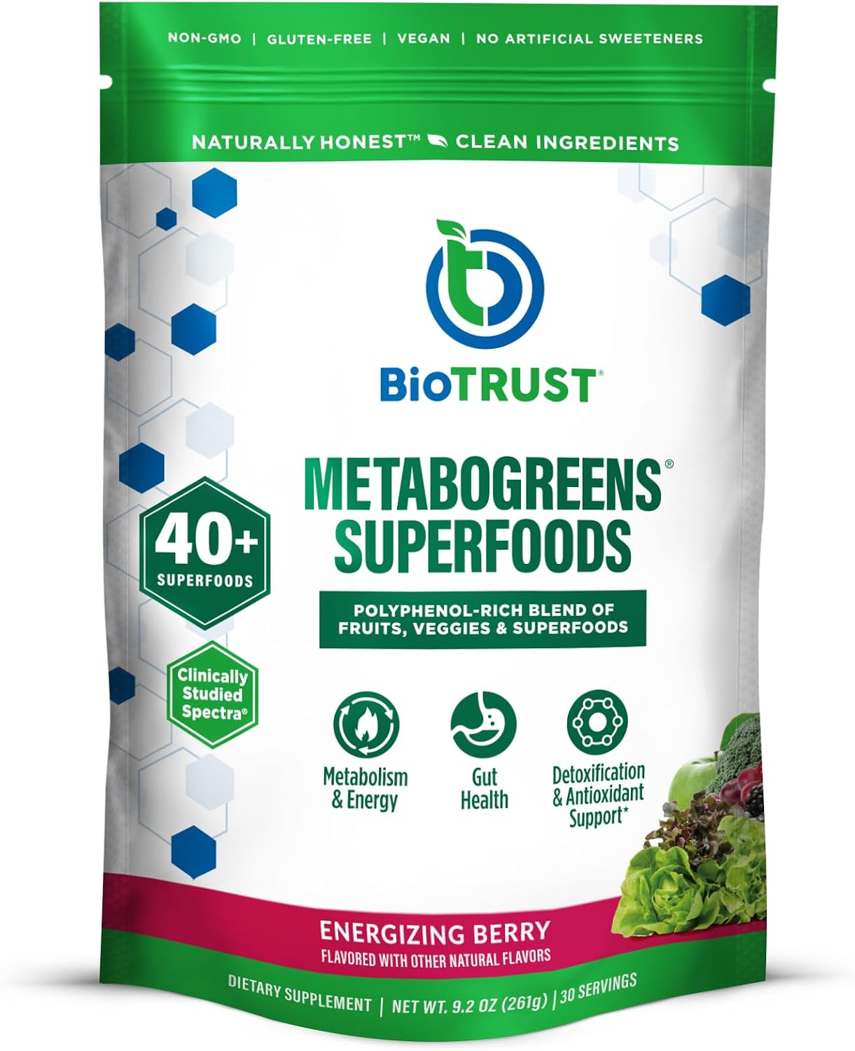 BioTrust Metabo Greens Superfood Powder - Mezcla de Super Greens con Frutas y Verduras, Sabor Berry Energizante (30 Porciones)