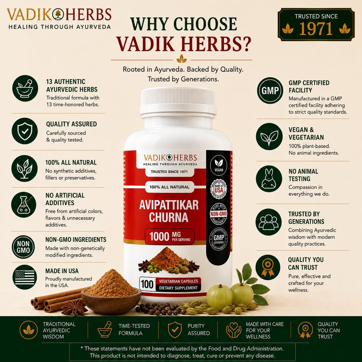 Vadik Herbs Avipattikar Churna, Amla Capsules con Pippali & Ginger - 100 Cápsulas