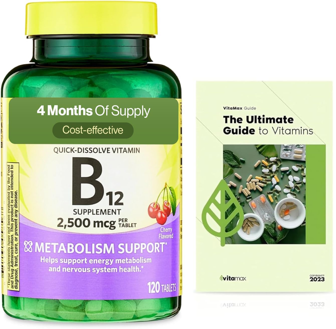 Vitamina B12 Comprimidos Sublinguales 2.500 mcg, Sabor Cereza, 120 Unidades