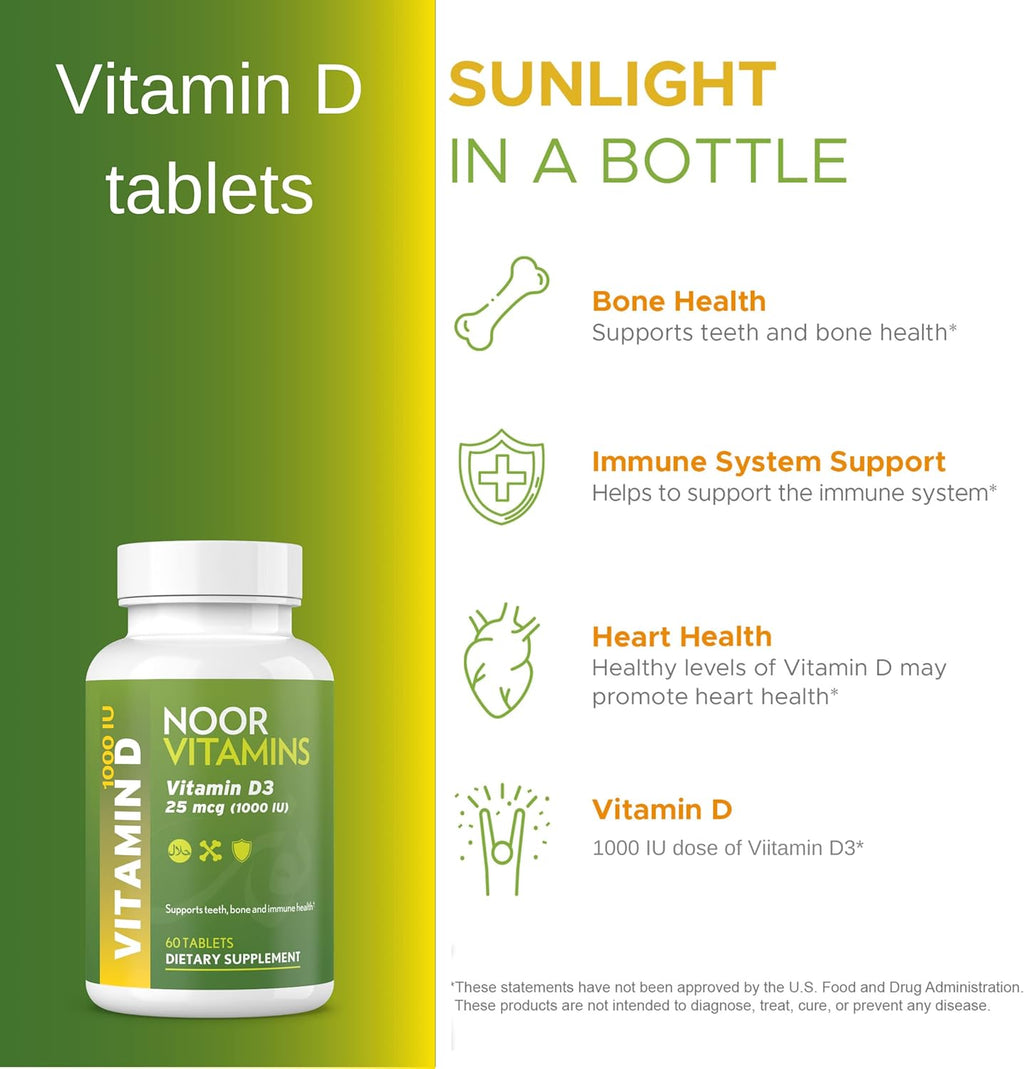 Noor Vitamins Vitamina D3 Halal 1000 UI, Apoya la Salud Ósea, Inmunitaria y Cardíaca, Sin OGM, Sin Gluten y Halal (60 Comprimidos)