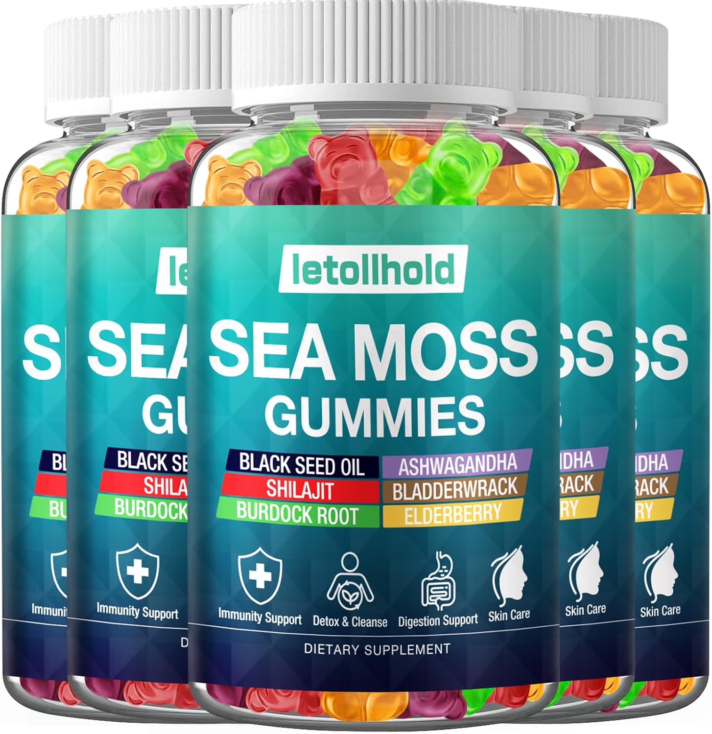 Sea Moss Gummies con Ashwagandha, Bladderwrack y Burdock Root - 60 Gominolas Veganas (2 Envases)