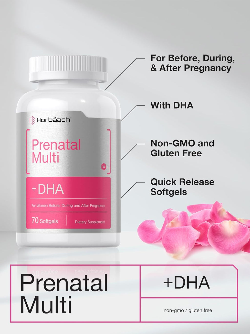 Horbäach Women's Prenatal Multivitamin with DHA, Iron and Folic Acid - 70 Softgels