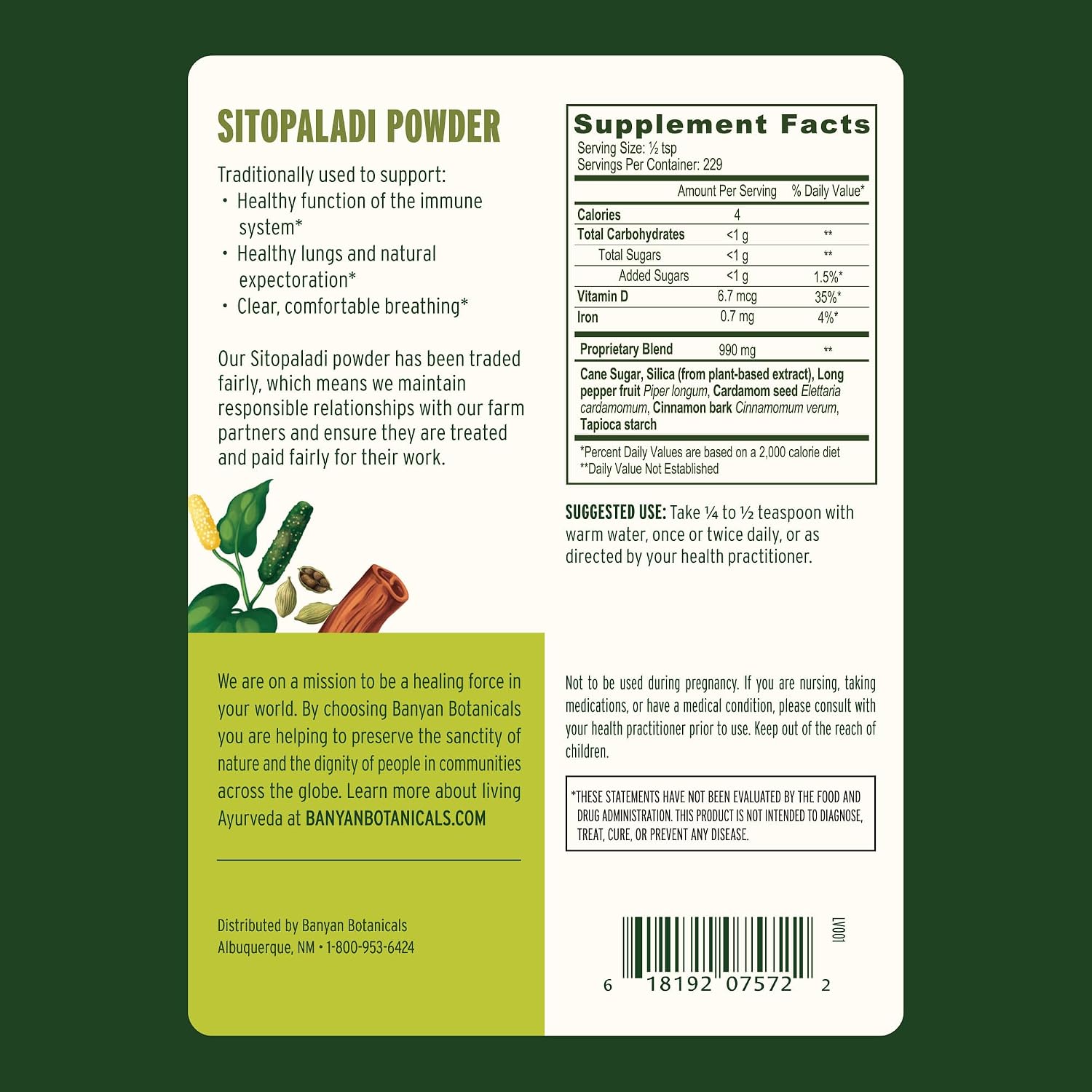 Banyan Botanicals Sitopaladi Powder – Suplemento Ayurvédico para el Apoyo Respiratorio e Inmunitario – 226 g (1/2 lb) – Orgánico, No-GMO, Vegano