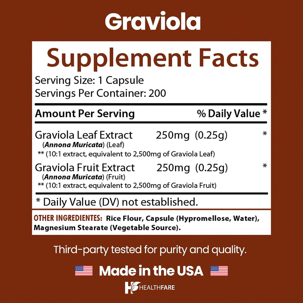 Healthfare Graviola Soursop Extracto 5000mg | Annona Muricata | 200 Cápsulas Veganas