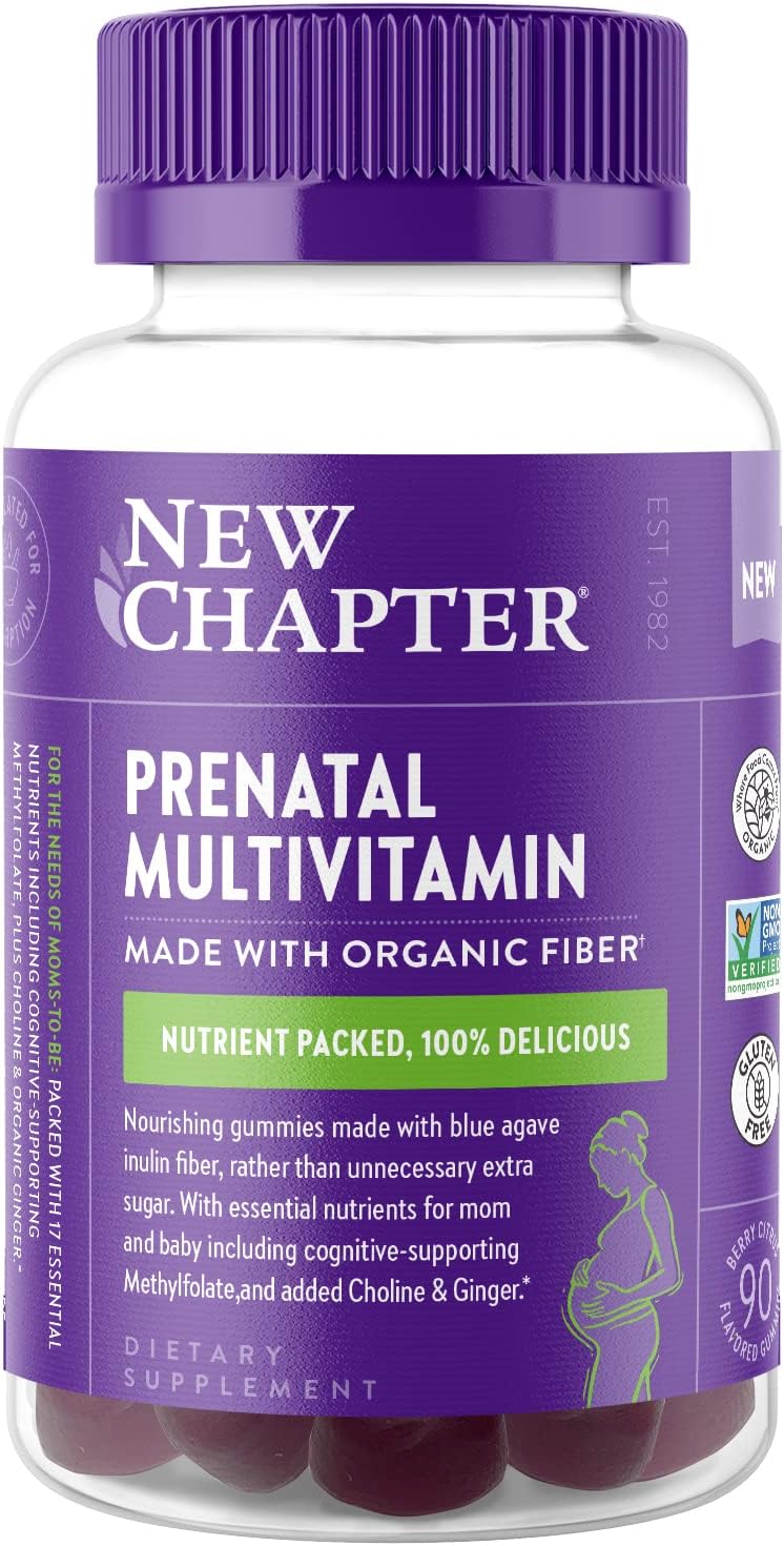 New Chapter Gominolas Multivitamínicas Prenatales – 67% Menos Azúcar, Para Mamá y Bebé Saludable con Metilfolato, Vitamina D3, Colina + Jengibre, Sin OGM, Sin Gluten, Sabor Cítrico de Bayas, 90 unidades