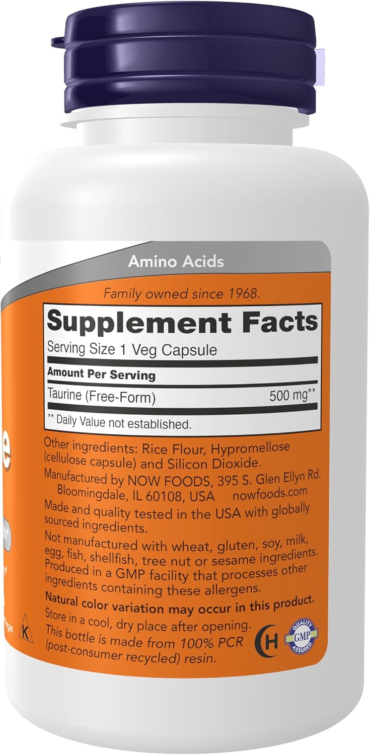 NOW Foods Taurina 500 mg – 100 Cápsulas Veganas
